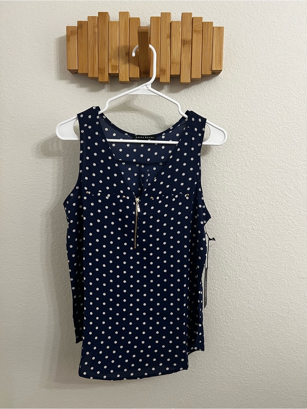 Haute Monde Navy Polka Dot Sleeveless Zip Front Blouse